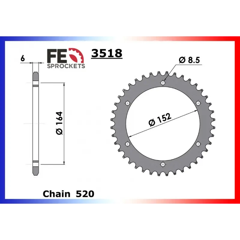 Couronne Acier 47 dents pour chaine 520 – France Equipement 1001.3518.47 Jusqu&rsquo;à Épuisement Des Stocks