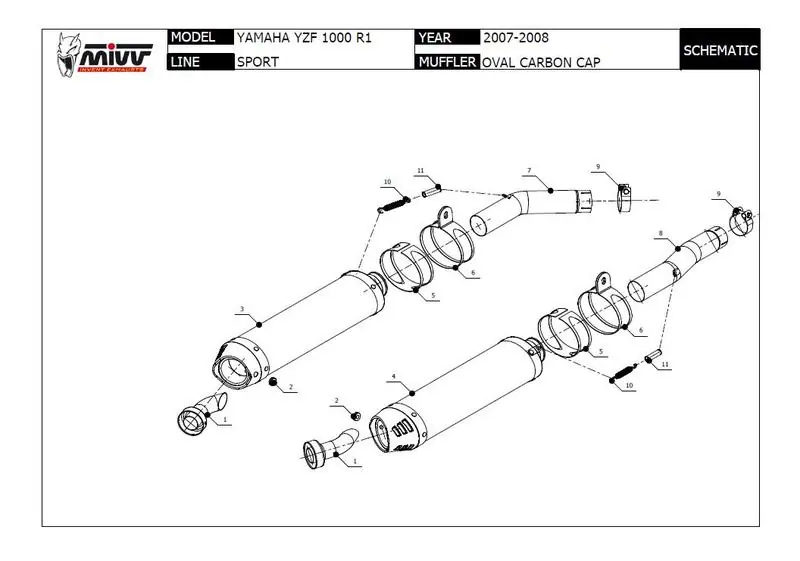 Mivv 2 silencieux Sportline carbone pour YZF R1 2007/2008 Quantité Limitée