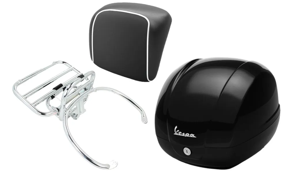 Kit top case 36L nero cosmo (98/A), porte-bagages chrome, coussin dorsal noir pour GTS 125/300/310 Produit De Marque
