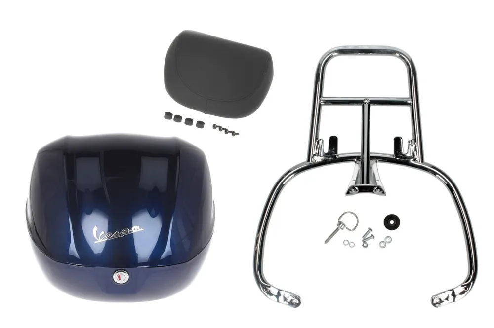 Kit top case 32L bleu foncé (289/A), coussin dorsal noir pour Vespa Primavera Expédié Aujourd&rsquo;hui