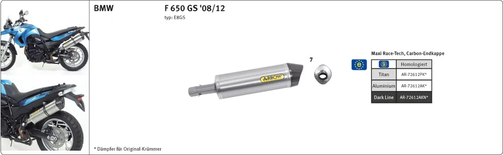 ARROW Auspuff RACE TECH für BMW F650GS / F800GS / Adventure 2008- aus Aluminium Expédition Rapide