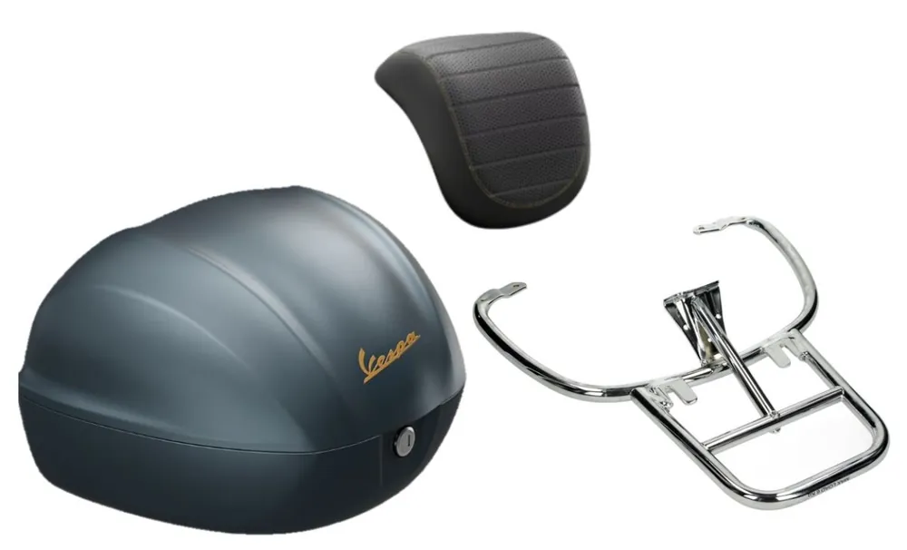 Satisfait Ou Remboursé Kit top case 32L Blue Officina 8 (D31), coussin dorsal noir pour Vespa Sprint / Primavera