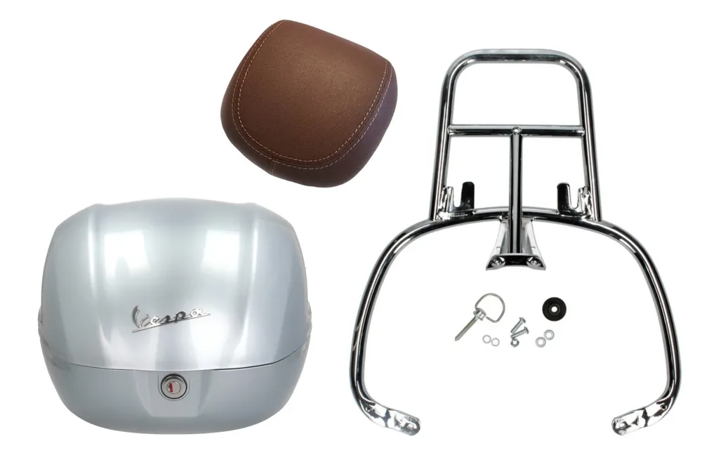 Populaire Kit top case 32L gris métallisé lucido, coussin dorsal marron foncé, porte-bagages chromé pour Primavera